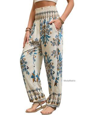 Boho Harem Pants Women High Waist Wide Leg Flowy Yoga Pants with Pockets